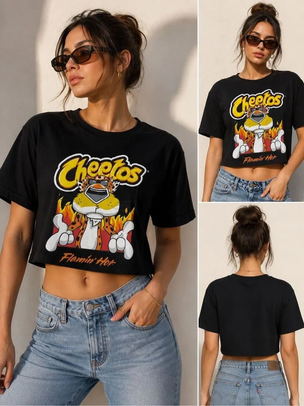 Cheetos Flamin Hot Black Crop Top Graphic T Shirt Womens Size M Cotton Blend Tee